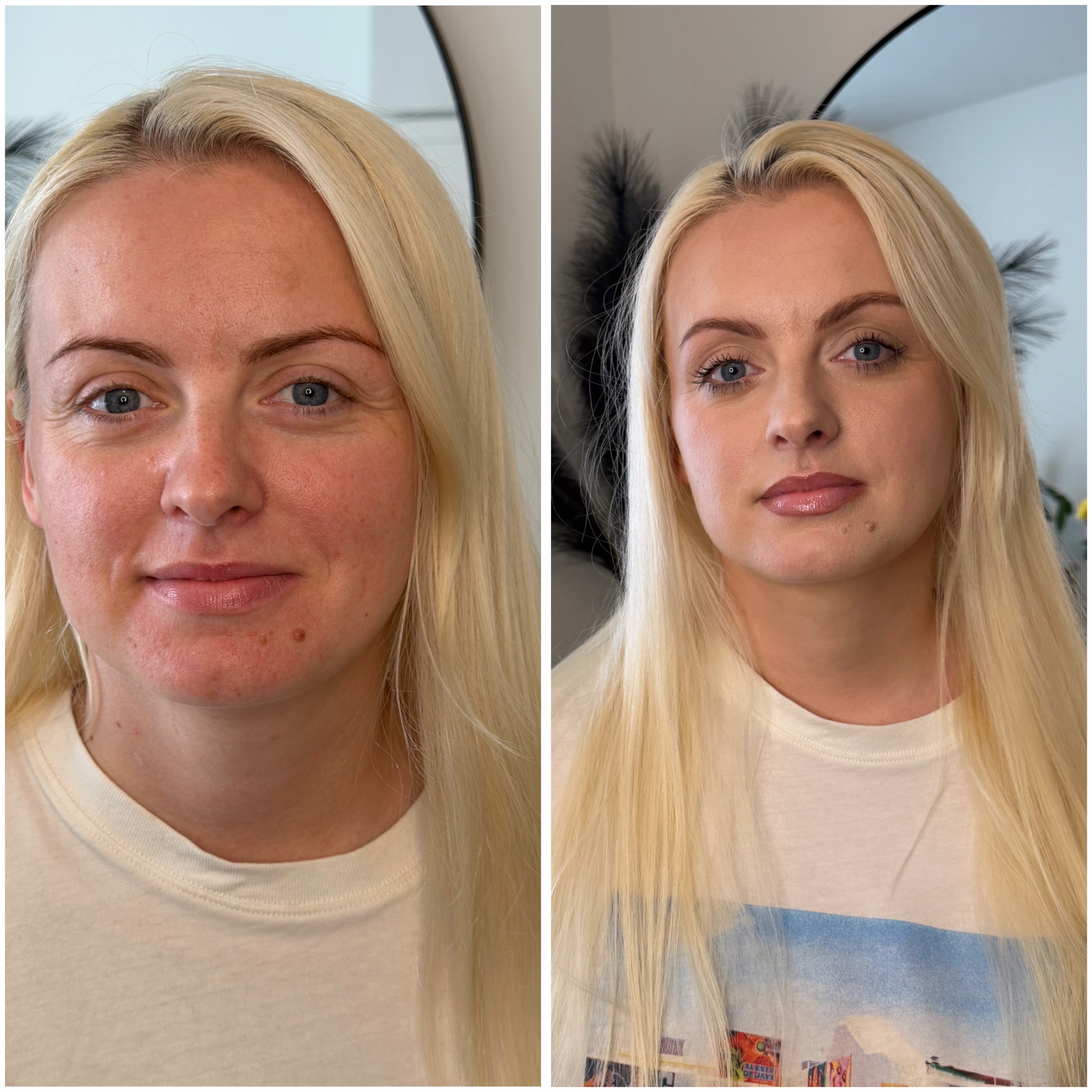 Full side-by-side photo of a blonde client before makeup on the left and after on the right