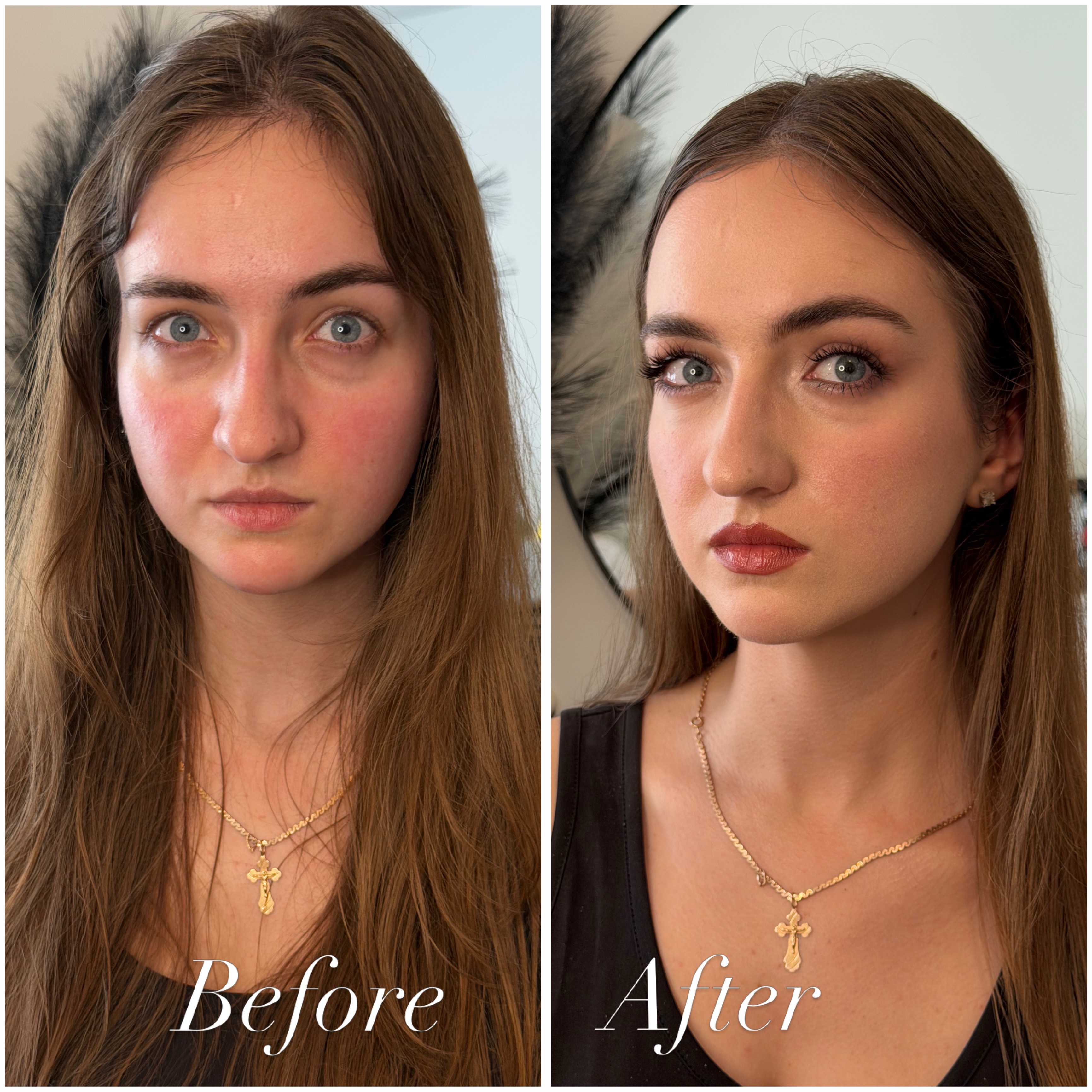 Full side-by-side photo of a brunette client before makeup on the left and after on the right